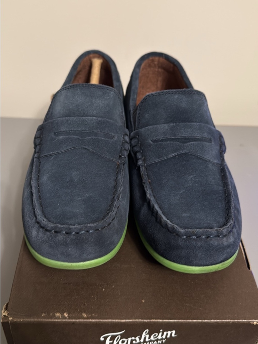 Florsheim Navy Suede Penny Loafers with Lime Sole